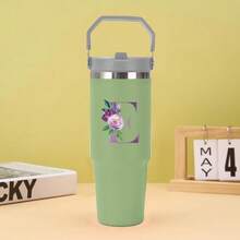30oz Water Bottles Stainless Steel Insulated Tumbler With Carry Handle Double Walled Leak Proof Fits Most Cup Holder Water Cup With Lid And Straw For Gym Home Office Travel A-Z Purple Pattern - Green - View 21