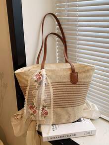 1pc French Countryside Style Straw Tote Bag, Large Capacity, Spring New Arrival - White - View 8