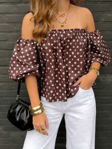 Women's Polka Dot Print Off-Shoulder Puff Sleeve Loose Top, Fashionable Resort Style For Summer - Coffee Brown - View 4
