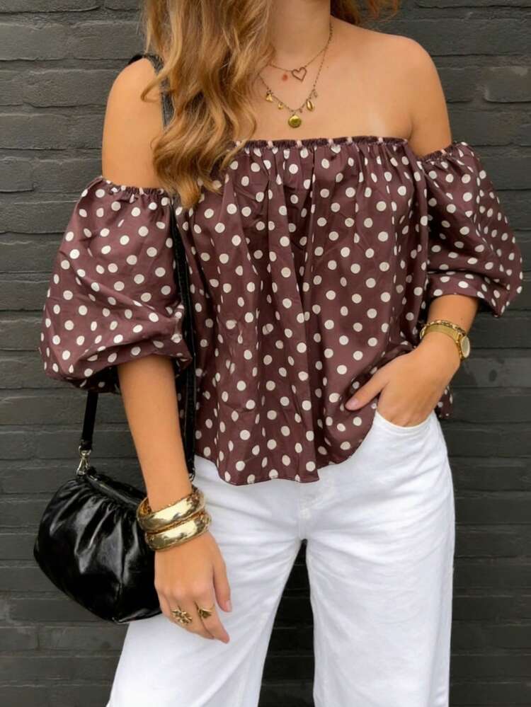 Blusa holgada con estampado de lunares, mangas abultadas y hombros descubiertos, estilo de resort de moda para vacaciones de verano - Café integral - Añade 4