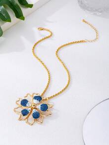 5pcs/Set Fashionable Bohemian Style Metal Enamel Flower Pendant Necklace, Earrings, Ring, Bracelet Jewelry Set, Suitable For Women's Daily, Vacation, Party Outfits - Blue - View 3