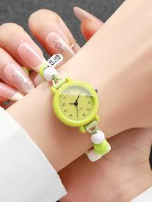 1pc/Set Cute & Fresh Heart Decor Beaded Bracelet Watch, Quartz Watch For Women & Students, Without Watch Box - Green - View 2