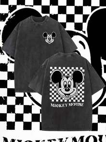 Disney, Disney Mickey Mouse ; T-shirt d'été à manches courtes pour homme, effet vieilli, coupe unique, pur coton, confortable et respirant, style streetwear décontracté, col rond ; une marque de mode de haute qualité, un cadeau surprise idéal pour la famille et les amis. - Noir - Voir 1