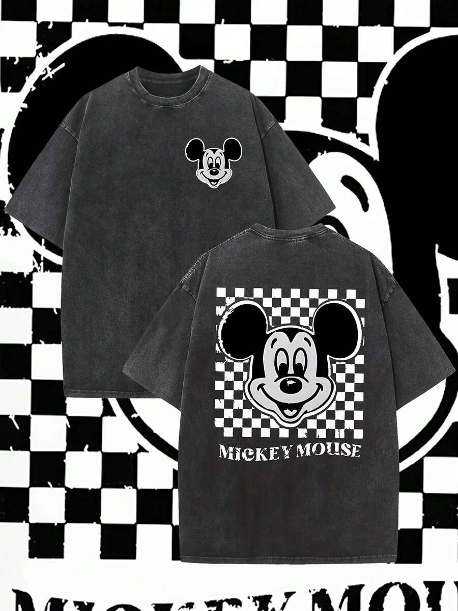 Disney, Disney Mickey Mouse ; T-shirt d'été à manches courtes pour homme, effet vieilli, coupe unique, pur coton, confortable et respirant, style streetwear décontracté, col rond ; une marque de mode de haute qualité, un cadeau surprise idéal pour la famille et les amis. - Noir - Voir 1