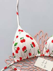 Cherry Print Spaghetti Strap Bikini Set, Suitable For Summer Beach Vacation - Multicolor - View 5