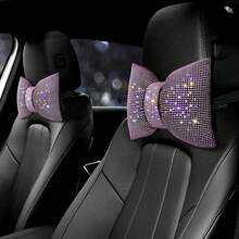 1pc Rhinestone Car Headrest Neck Pillow, Pink Driver-Specific Car Cushion, Shiny Crystal Diamond Bow Neck Support Relaxation Pillow, Women's Car Interior Accessory - Pink - View 3