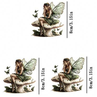 1pc/2pcs/3pcs Vintage Butterfly Fairy Heat Transfer Patches, Mushroom Sitting Pattern, Applicable For T-Shirts, Jeans, Sweaters, Handbags, Pillows, Cushions