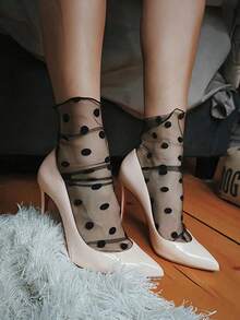 1 Pair Women's Sheer Mesh Stockings, Thin Black Socks With Classic Polka Dot Elements, Made Of Selected Lightweight Mesh Fabric, Retro Fashion - Multicolor - View 3