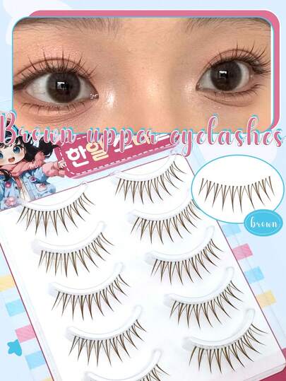 5 Pairs Brown Flame-Shaped Korean Style Faux Mink Eyelashes, Ultra-Fine Stem, Soft & Flexible, Closely Adheres To Eyes, Delicate & Sweet Makeup Lashes