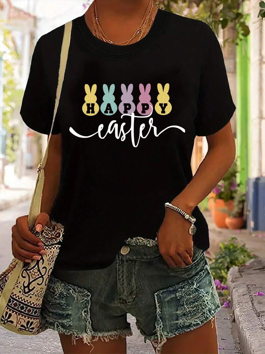 Camiseta De Manga Corta Con Estampado De Letras De "Feliz Pascua" Para Pascua - negro1 - Ver 1