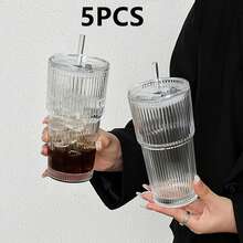 1pc High-Quality Vertical Striped Straw Lid Glass Cup - Large Capacity Glass Drinking Cup, Suitable For Coffee, Tea, Iced Americano And Latte | Home Milk Cup - Multicolor - View 15