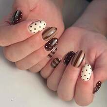24 Pieces Of Oval-Shaped Black Dot And Polka Dot Striped Minimalist Acrylic Nails That Can Be Detached And Worn. - 彩色 - 查看 13
