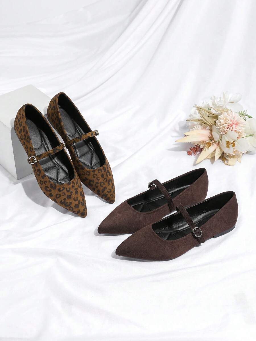 Bailarinas de punta puntiaguda con estampado de leopardo y correa con hebilla, elegantes para vacaciones - Marrón - Ver 1