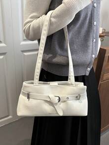 新款时尚腰带装饰手提包，适合派对、郊游、度假、购物和日常使用，可存放硬币、手机，也适合白领、大学生和上班族作为工作包，优雅女士包。 - 白色 - 查看 3