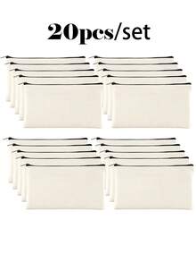 50/20/10/5件套空白帆布铅笔盒化妆包，带彩色拉链，DIY刺绣绘画升华空白帆布袋，学校用品拉链袋，创意派对绘画礼品袋，适用于生日、节日、母亲节、情人节、复活节、开斋节、宰牲节，可重复使用糖果袋，旅行收纳袋 - 米色 - 查看 32