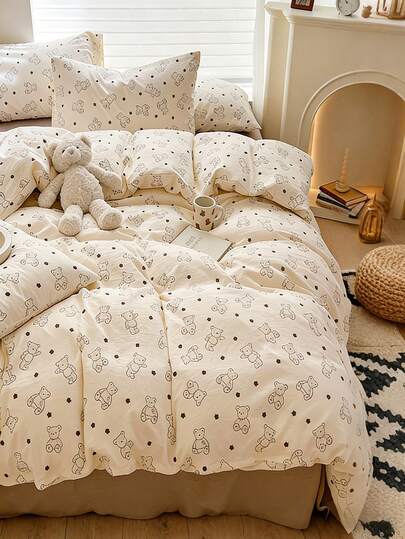 四件套柔软奶油色泰迪熊床上用品套装（1个被套+2个枕套+1个床单，不含被芯和枕头），超细纤维面料，适用于主卧/客房/宿舍，高清印花，可机洗，提供小号/大号/单人/双人尺寸可选