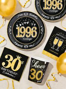 30 pièces/set Fournitures pour fête d'anniversaire de 30 ans, thème vintage 1996 Vaisselle, assiettes, serviettes, gobelets, vaisselle noire et dorée, unisexe - 1966 - Voir 6