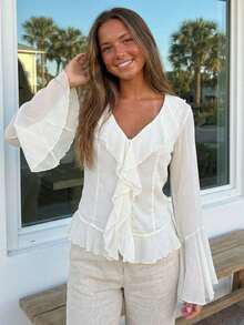 Women Long Sleeve Shirts Solid Color Ruffles V-Neck Loose Blouses Spring Casual Sheer Chiffon Tops Streetwear - White - View 2