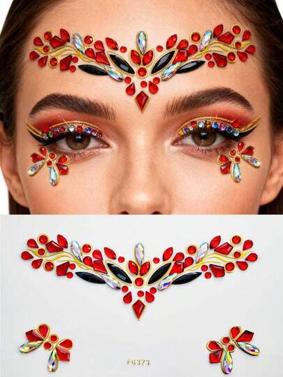 1 Sheet Glam Red Crystal Face Gems Stickers - Ornate Rhinestone Crown & Eye Decor Designs Self-Adhesive Festival Face Jewels For Proms New Year Parties & Red Carpet Makeup Reusable Shiny Face Rhinestones For Women & Formal Event Lovers