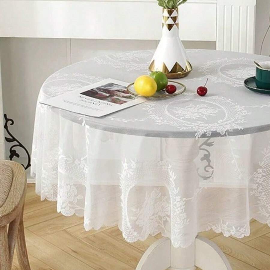 1pc White Romantic Daisy Flower Embroidered Lace Edging Round Tablecloth - Clear - View 1