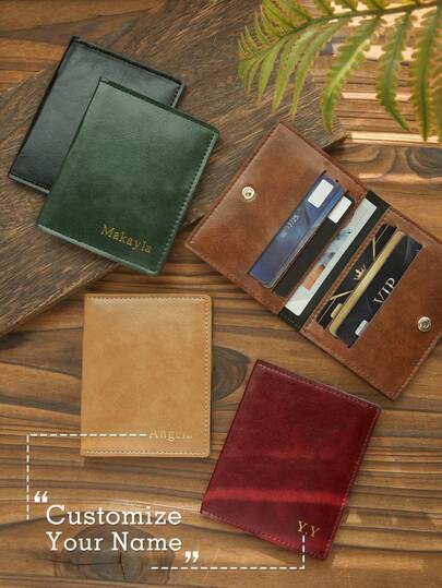 Personalized Oil Wax Leather Card Holder Wallet Custom Gold Monogram Name Slim Multi-Slot Credit Card Case With Gold Foil Lettering – Customizable Vintage Name Card Holder Gift For Women Men