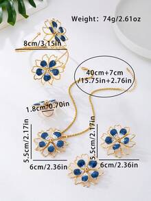 5pcs/Set Fashionable Bohemian Style Metal Enamel Flower Pendant Necklace, Earrings, Ring, Bracelet Jewelry Set, Suitable For Women's Daily, Vacation, Party Outfits - Blue - View 4