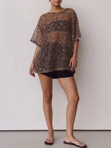 Women Sequin Sheer Short Sleeve Glitter T Shirt Sparkle See Through Crochet Cover Up Swimsuit Beach Shiny Mesh Blouse Top - 棕色 - 查看 5