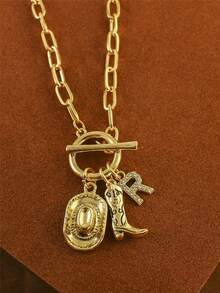 1pc Retro Classic Letter Western Cowboy Hat Pendant, With Gold Stainless Steel Paperclip Chain, Women Necklace - Yellow Gold - View 25