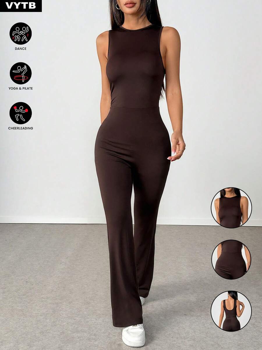 1pc Solid Color Sleeveless Jumpsuit, Slim Fit New Stylish Sportswear Flared Jumpsuit - Brown - View 1