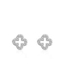 1 Pair Fashionable, Elegant, Minimalist Shiny S925 Sterling Silver Hollow Four-Leaf Clover Cubic Zirconia Earrings, Suitable For Women Anniversary Wear - Silver - View 3