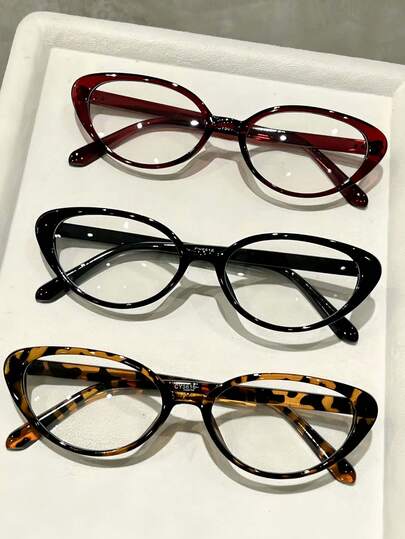 1副/3副猫眼精致流行设计新款便携式塑料镜框时尚女士透明眼镜，适合阅读、办公室、户外派对、街头拍照装饰