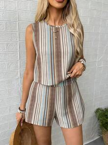 Conjunto de top de tirantes de cuello redondo a rayas y pantalones cortos para mujer, ropa casual de estar en casa/oficina para el verano - Multicolor - Ver 2