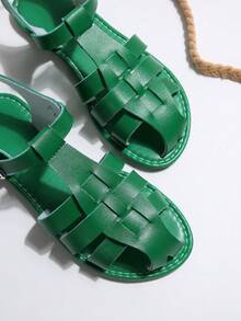 New Woven Retro Pig Cage Sandals, Women Summer Flat Fashionable Versatile - Green - View 6