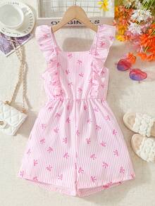 Girls' Summer Casual Backless Jumpsuit, Bow & Ruffle Trim, Striped Bow Print Romper, Fashionable Vacation Style For Girls - Pink - View 1