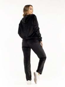 Promotion Velvet Plush Sets Blouse With Zipper And Hat Basic Pants IN-Con-001 - 黑色 - 查看 3