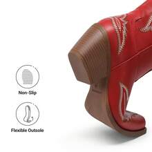 Cowboy Knee High Boots For Women Western Retro Embroidered Cowgirl Boots Fashion Narrow Square Toe Comfortable Vintage Side Zipper Tall Boots For Ladies - 紅色 - 查看 9