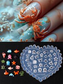 卡通海洋水母海星指甲矽膠模具 可愛海洋魚蟹指甲雕刻模具 海洋生物模板 手作 DIY 美甲配件 - 無色 - 查看 2