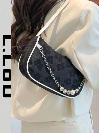 Fresh And Sweet New Summer Shoulder Bag, Unique Crossbody Bag With Pearl Chain Crescent Moon Decor