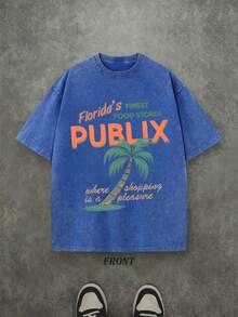 Florida Publix Graphic Tee, Streetwear Men's Black Washed Short Sleeve T-Shirt, Fashion Summer.Jpg - 藍色 - 查看 1