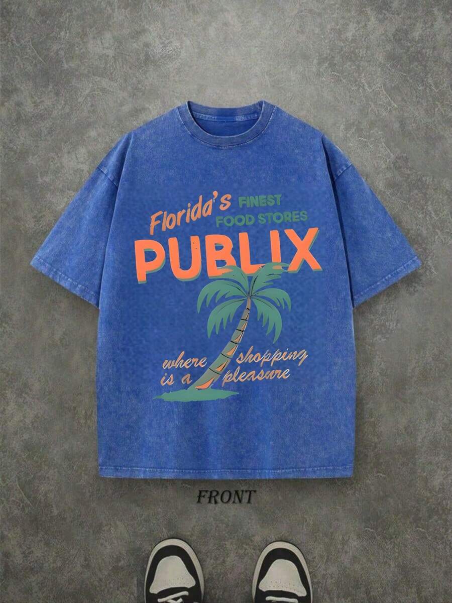 Florida Publix Graphic Tee, Streetwear Men's Black Washed Short Sleeve T-Shirt, Fashion Summer.Jpg - 藍色 - 查看 1