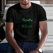 Men's T-Shirt, Women's T-Shirt,  St Patrick's Day Themed Designs Featuring,  Happy St Patricks Day With Green Heart And Clover Design On Black T Shirt Comfortable And Versatile Outdoor Casual Short Sleeve - Negro - Ver 3