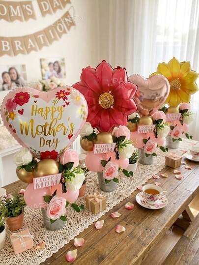 11pcs/Set "Happy Mother's Day" Slogan Heart Foil Balloons, Sunflower Shaped Foil Balloons (Red And Yellow), 18-Inch Rose Gold Heart Foil Balloon, 10-Inch Macaron And Metallic Gold Latex Balloons, Suitable For Mother's Day, Wife's Birthday, Mom's Birthday Party Decoration