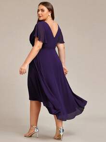 EVERPRETTY Plus Size Elegant Chiffon V-Neck Ruched Purple Bridesmaid Dress, Soft High-Low Ruffle Hem, Suitable For Wedding Ceremony And Formal Evening Events - Purple - View 2