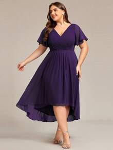 EVERPRETTY Plus Size Elegant Chiffon V-Neck Ruched Purple Bridesmaid Dress, Soft High-Low Ruffle Hem, Suitable For Wedding Ceremony And Formal Evening Events - Purple - View 3
