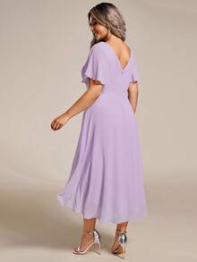 EVERPRETTY Plus Size Elegant Chiffon V-Neck Pleated Front Lavender Bridesmaid Dress, Soft High-Low Ruffle Hem, Suitable For Wedding Ceremony And Formal Evening Events - Mauve Purple - View 2