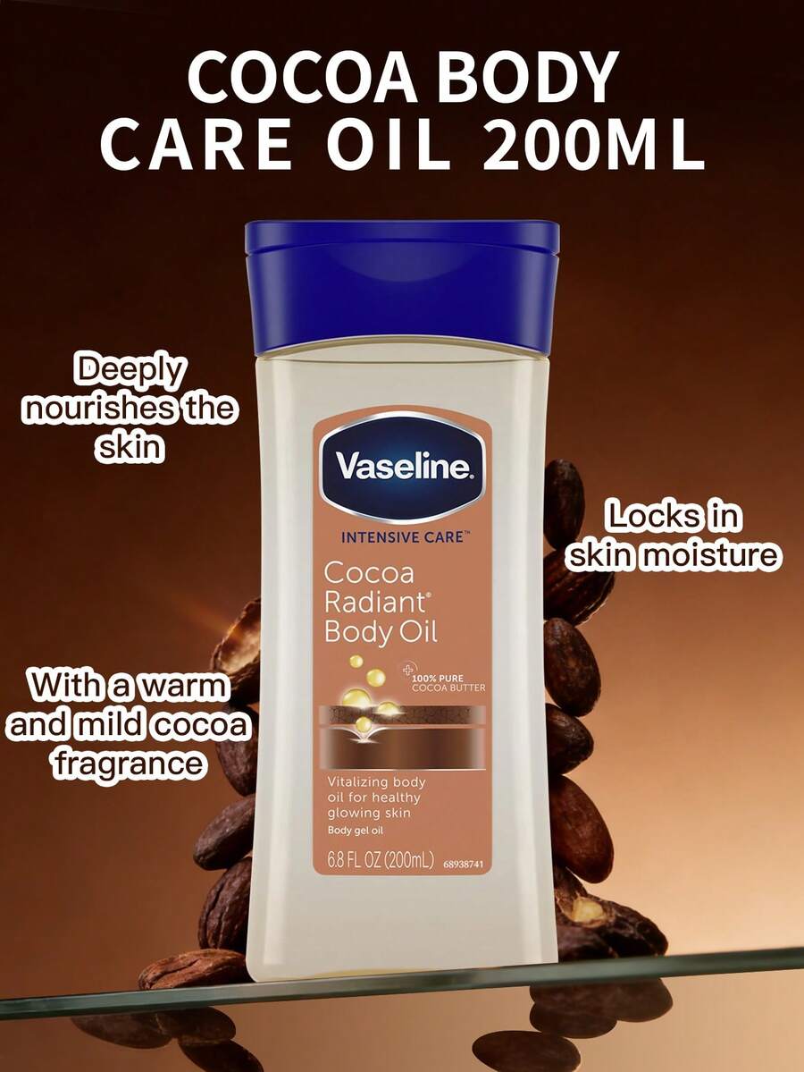 Vaseline 1瓶200毫升可可香型凡士林身体护理油，深层滋养柔嫩肌肤，保湿不油腻，适合全身护理，有助于缓解肌肤干燥。 - 凡士林身體護理油200ml 可可 - 查看 1