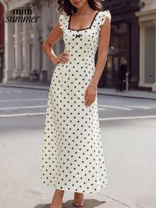Women's White & Black Polka Dot Square Collar Lace Trim Bow Midi Dress - Elegant Casual Everyday Wear - White - View 8