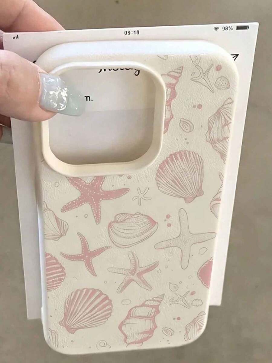 1个简约个性化粉色海星贝壳彩绘图案手机壳，柔软TPU材质，防震防刮，兼容 11/12/13/14/14Plus/15/15Plus/16/16Plus/7/8Plus/17/17Pro - 彩色 - 查看 1