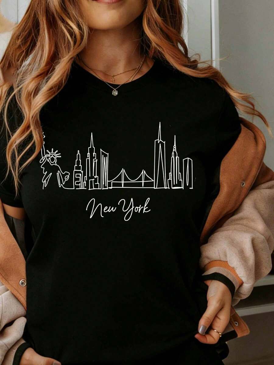 New York City Skyline T-Shirt Women's Black Cotton Graphic Tee With Statue Of Liberty And Empire State Building Design For Travel Souvenir And Casual Wear - 黑色 - 查看 1