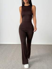 1pc Solid Color Sleeveless Jumpsuit, Slim Fit New Stylish Sportswear Flared Jumpsuit - Brown - View 7